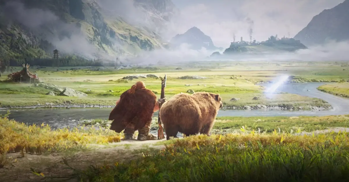 Torvin and his bear crossing a field